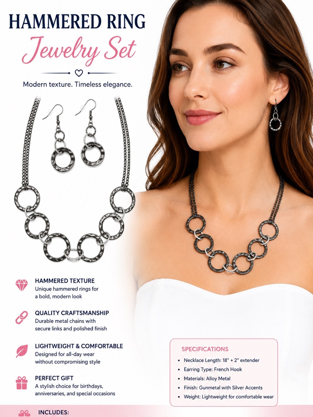 Hammered Ring Jewelry Set - Gunmetal Silver Necklace & Earrings